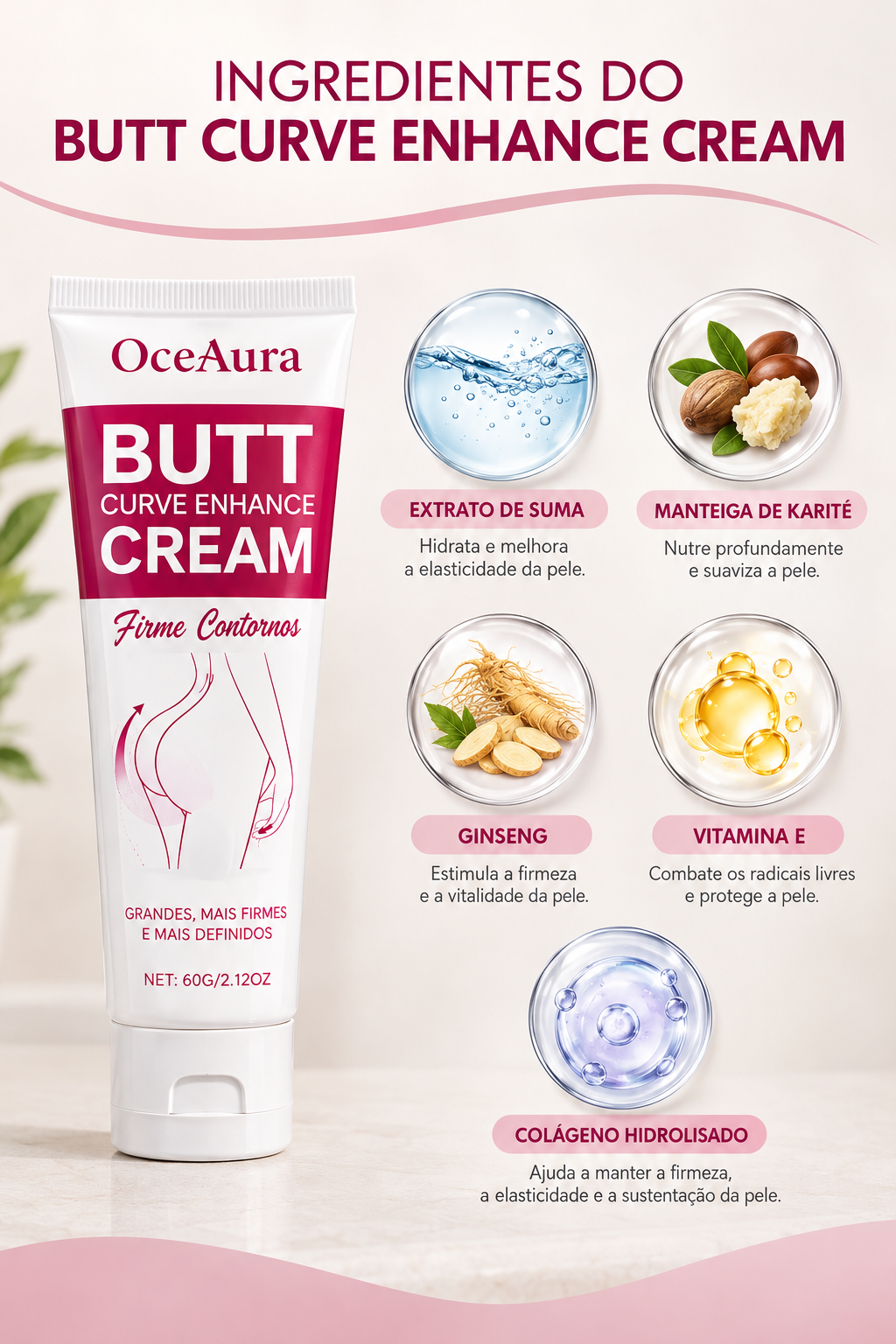 Creme Butt Curve Enhance Cream da OceAura ao lado dos ativos do produto